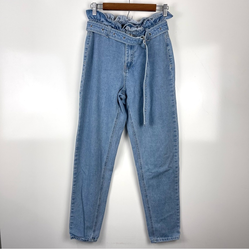 Missguided Riot Mom Jeans Women’s 6 High Rise Paperbag Waist Belted Blue Denim